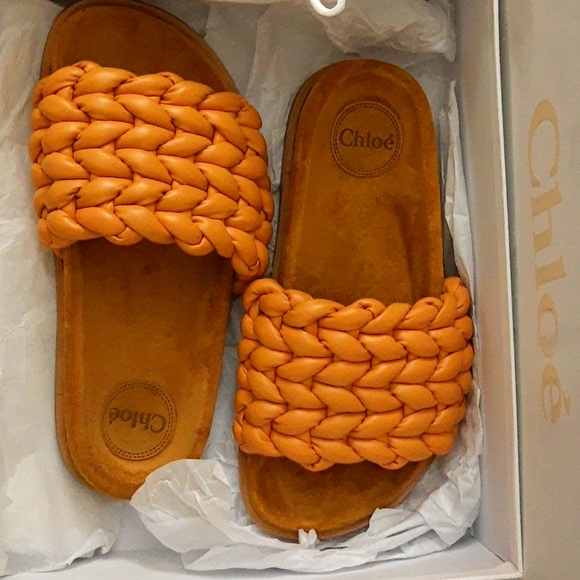 Chloe Kacey Braided Leather Slide Sandal Saffron Orange 38W NEW w BOX DAMAGE - Picture 9 of 14